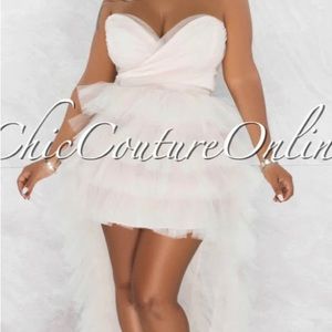 LAQUINTA CHAMPAGNE TULLE RUFFLE HI-LO DRESS, Size Large